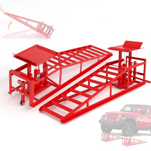 2 PCS Hydraulic Car Ramps with Wheels, 11065LBS 5T Heavy Duty Car Ramp with Hydraulic Jack, Portable Car Lifts for Oil Changes for Home Garage, 9"-14.2" Lifts, Red - color: Red, size: 45"L x 12.6"W x 14.2"H