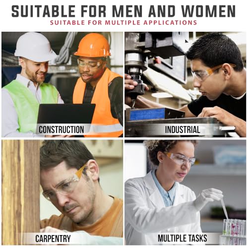 BISON LIFE Clear Safety Glasses – ANSI Z87.1 Certified Scratch & Impact Resistant Eye Protection Goggles for Men & Women - color: Clear/Orange