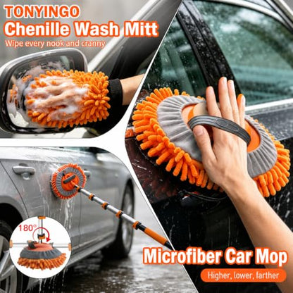18FT Reach Car Wash Brush with Long Handle, Car Washing Kit with 4-12FT Telescoping Extension Pole, Wheel Brush, Microfiber Cleaning Mop, Mitt, Window Squeegee for Cleaning RV, Truck, SUV