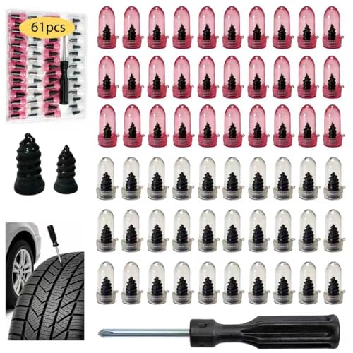 61 PCS 3rd-Generation Tire Plugs Screw Type, Self Sealing Tire Repair Screws with Screwdriver, Vacuum Tire Screw Plugs, Easy DIY Screw In Tire Plugs for Car, Motorcycle, Truck, Tractor and More