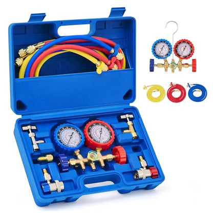 OMT AC Gauge Set for R134a, R12, R22, and R502, 5 ft Hoses | Includes R134a Couplers Self-Sealing & Piercing Can Taps 29° Adapter; Solid Brass Build; Ideal for Auto Freon Recharge - size: R134a R22 R12 R502