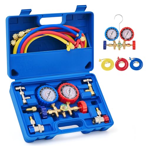 OMT AC Gauge Set for R134a, R12, R22, and R502, 5 ft Hoses | Includes R134a Couplers Self-Sealing & Piercing Can Taps 29° Adapter; Solid Brass Build; Ideal for Auto Freon Recharge - size: R134a R22 R12 R502