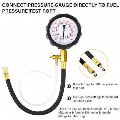 0-140PSI Pressure Tester Gauge Kit Car Tools with Gauge Tester Kit Gas Oil Pressure Tools for Cars and Trucks， TU-114 Fuel Pressure Tester Kit，Test Gasoline Fuel Pump Pressure
