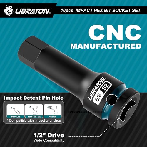LIBRATON Impact Hex Bit Socket Set, 1/2" Dr, S2 Steel, High Torque Sockets | 10PCS (SAE 1/4"-3/4") for Professional Mechanics & Automotive Repair (XPE Storage Case) - style: SAE