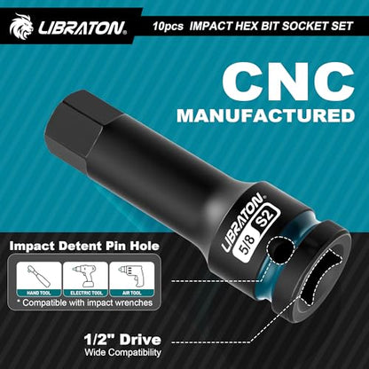 LIBRATON Impact Hex Bit Socket Set, 1/2" Dr, S2 Steel, High Torque Sockets | 10PCS (SAE 1/4"-3/4") for Professional Mechanics & Automotive Repair (XPE Storage Case) - style: SAE