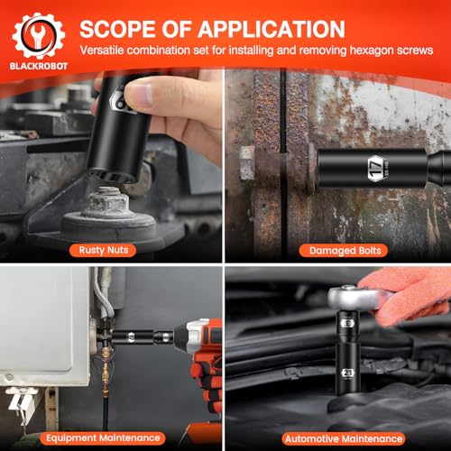 BLACKROBOT 5-Piece 1/2" Drive Lug Nut Removal Tool, 6 Point & Twist Lug Nut Extractor, Impact Flip Socket Set (17mm, 19mm, 21mm, 22mm) with 3" Extension Bar, CR-MO Steel