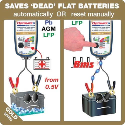 OptiMate6 Select v2 Gold Series: 6A 12V Automatic Battery Saving Charger, Tester & 24-7 Maintainer with Ampmatic & Temp Regulated smart Control & Lead-Acid, AGM & Lithium Battery Modes & Service Mode