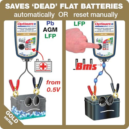OptiMate6 Select v2 Gold Series: 6A 12V Automatic Battery Saving Charger, Tester & 24-7 Maintainer with Ampmatic & Temp Regulated smart Control & Lead-Acid, AGM & Lithium Battery Modes & Service Mode