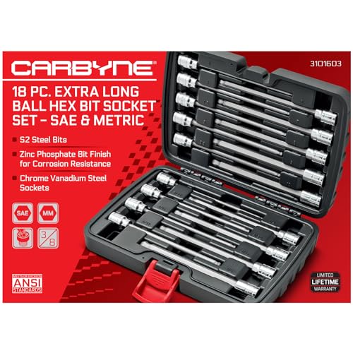 CARBYNE 18-Piece Extra Long Ball End Hex (Allen) Bit Socket Set, Metric and SAE, S2 Steel Bits, 3/8 in. Drive, 6.1 in. Overall Length, Zinc Phosphate Finish, Durable Storage Case - size: Ball-End
