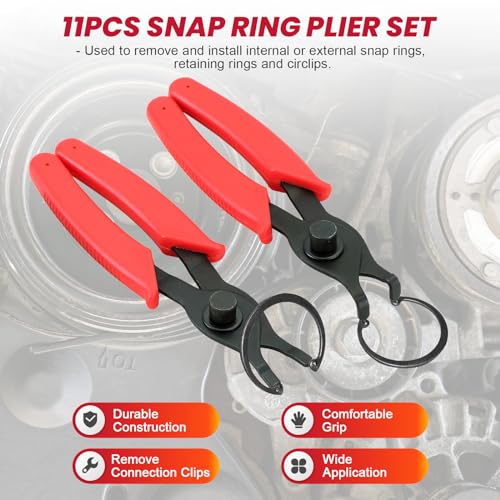 DASBET Snap Ring Plier Set 11PCS Straight & Bent Retaining Ring Pliers | w/Hook & Pick Heavy Duty Internal External Pliers .038in-.09in Circlip Combination Retaining Clip for Car Trunk Motorcycle - color: Red