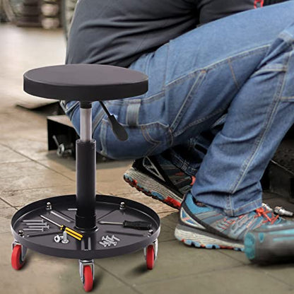 Adjustable Pneumatic Mechanic Roller Seat, Heavy Duty Roller Seat, Rolling Stool Chair Swivel with Tool Tray, Heavy Duty Casters and Tool Tray for Garage, Workshop and Auto Repair Shop,300lbs (Black)
