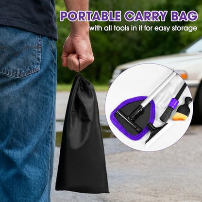 Purple Windshield Cleaner Tool, Car Interior Cleaning Kit with Extendable Handle and 3 Reusable Microfiber Pads, Auto Glass Wiper and Detailing Brush Kit for Car & Home Window - color: Purple