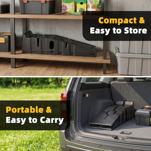 Car Ramps Set of 2, 5000 lb Capacity Low Profile Vehicle Service Ramps, 17 Degree Drive-On Incline with Non-Slip Tread and Rubber Blocks for Oil Changes, Garage Auto Repair Work Black