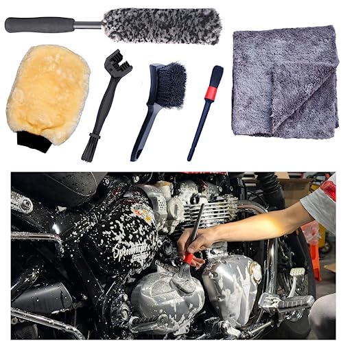 oesee Motorcycle Cleaning Kit 6 Pack Design for Chrome, Woolies Brush, Wool Wash Mitt, Tire&Chain Brush, Detailing Brush& Ultra Plush Towel for Motorcycle& Bike Chrome Painted, Rims, Exhaust, Surface - size: Grey(6 Pack)