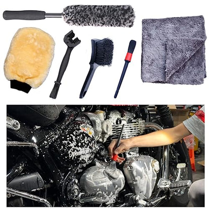oesee Motorcycle Cleaning Kit 6 Pack Design for Chrome, Woolies Brush, Wool Wash Mitt, Tire&Chain Brush, Detailing Brush& Ultra Plush Towel for Motorcycle& Bike Chrome Painted, Rims, Exhaust, Surface - size: Grey(6 Pack)
