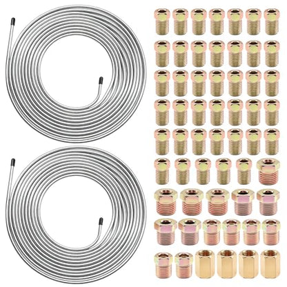 60Pcs 2 Sets 3/16 Inch 25 FT Brake Line Tubing Kit with 58 Pcs Brake Line Fittings, Zinc Coated Alloy Steel Brake Lines Kit Replacement for Hydraulic Fuel Transmission Line - size: 3/16 + 3/16 Inch Silver, style: Brake Line