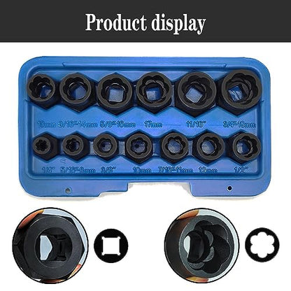 14PCS Twist Lug Nut Socket Set, 3/8" Drive Bolt Nut Extractor Tool | Metric, 6.35mm -19mm Sockets, Center Punch Bar, Damaged Nut Lock Remover, Rusted, Stripped, Screws, Stuck Locking Nut Removal - color: 14pcs Lug Nut Extractor 3/8 Inch Drive