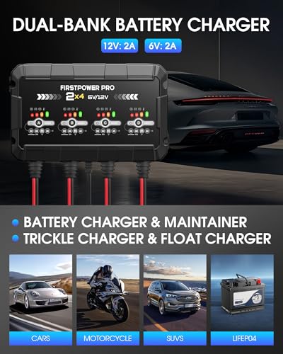 8A 4-Bank Car Battery Charger (2A/Bank) - 6V & 12V Automatic Trickle Charger, Motorcycle Battery Maintainer & Desulfator with Overcharge & Temperature Compensation – for Lead Acid, AGM, Gel, LiFePO4