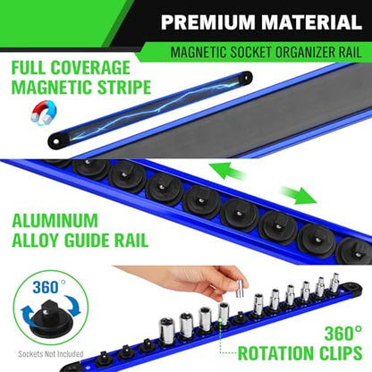 1/4-inch Magnetic Socket Organizer Rail, Aluminum Alloy Socket Rail, Heavy Duty Sockets Holder with 14 Clips, 360° Swivel Clip Tool Tray, Sockets Organizer for Tool Box Drawer (Blue) - style: Blue 1/4-inch