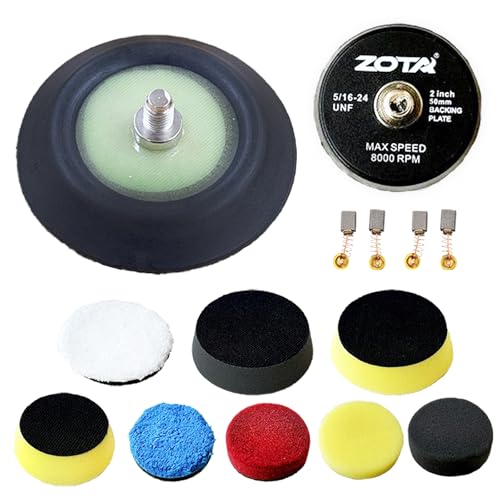 ZOTA 12Pcs Car Buffing Kit, 2"/ 3" Sponge Polishing Pad with 2 Set Carbon Brush, 2"/ 3" Base Plate [5/16-24Unf] Screw Connection, Drill Polisher Attachment Suitable for 2"/ 3" Dual Action Polisher