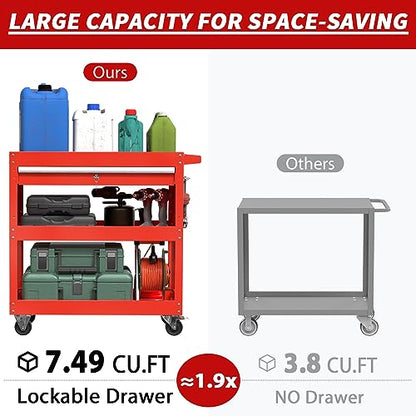 3-Tier Rolling Utility Cart, Metal Tool Cart on Wheels with Lockable-Red | 330 lb. Load Capability Heavy Duty Tool Cart with Drawers, Mechanic Tool Cart for Garage, Warehouse, Repair Shop - color: Red