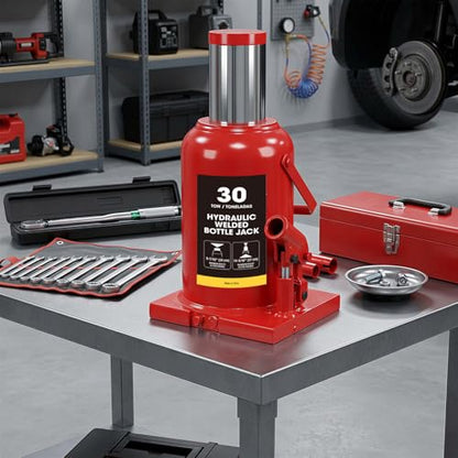 30 Ton (60,000 LBs) Capacity Hydraulic Welded Ultra Duty Bottle Jack, Red - size: 30TON