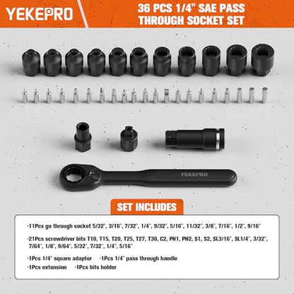 37-Piece 1/4" SAE Pass-Through Socket Set with Reversible Ratchet | Non-Slip Extractor Sockets for Damaged & Stubborn Fasteners - size: 37PCS 1/4" SAE