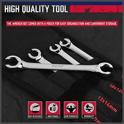 SEDY 4-Piece Flare Nut Wrench Set, Offset End Spanner Metric 9 10 11 12 13 14 15 17mm, CR-V Steel Storage Pouch Repair and Remove Nuts on Fuel Tube Hose Transmission Line - style: 4-Pc Metric (Flare Nut)
