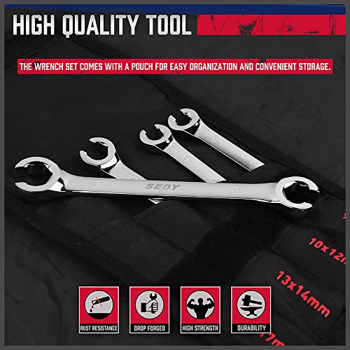 SEDY 4-Piece Flare Nut Wrench Set, Offset End Spanner Metric 9 10 11 12 13 14 15 17mm, CR-V Steel Storage Pouch Repair and Remove Nuts on Fuel Tube Hose Transmission Line - style: 4-Pc Metric (Flare Nut)
