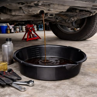 7-Quart Automotive Oil Drain Pan with Built-In Scale and Pour Spout, Low Profile Oil Catch Pan for Cars, Trucks, and SUVs, Black