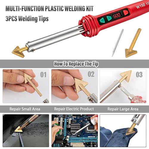 150W LED Digital Adjustable Temperature Plastic Welder, 3 IN 1 Welding Kit with 70PCS Rods, 3 Tips Welder Soldering Iron Kit, Plastic Repair Kit for Car Bumper/Kayaks,etc (Red)