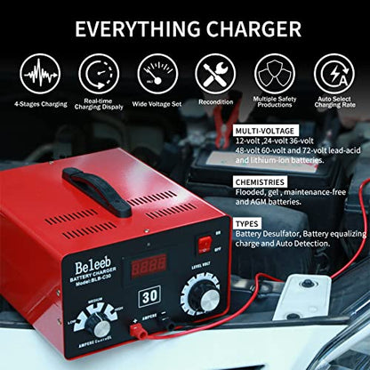 Adjustable Battery Charger 12V 24V 36V 48V 60V 72V Smart LCD Display Pulse Repair Desulfator Cable Clamps Automotive Maintainer for Golf Cart Mower Boats, PWCs Truck RV ATV SUV