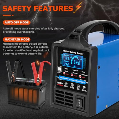 12V 24V Lead-Acid Battery Charger Heavy Duty, 0-15A Smart Automatic Battery Maintainer, Trickle Charger with Repair, Auto Off, Winter & Summer Mode, for Car Truck Boat Motorcycle RV Lawn Mower (Blue)