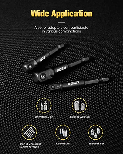 BOEN Impact Grade Socket Adapter Set, 3-PCS Drill Bit Adapter with Bit Holder, Sizes 1/4", 3/8", 1/2", 1/4-Inch SAE Hex Shank, Cr-V with Black Phosphate Finish - size: 3PCS SAE (UPGRADE)