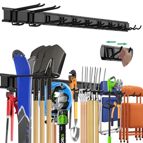 "64 Garage Tool Organizer Wall Mount - Heavy Duty 750lbs Metal Storage Rack, Easy Install Adjustable Hooks for Garden Tools Brooms - size: 64 Inch