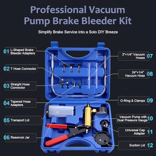 Handheld Vacuum Pump Brake Bleeder Kit with Pressure Gauge, Brake Fluid Bleeding Tool Set with Hoses, Adapters and Reservoir, Automotive Brake Bleeding & Vacuum Diagnostic Test Kit (-Blue-)