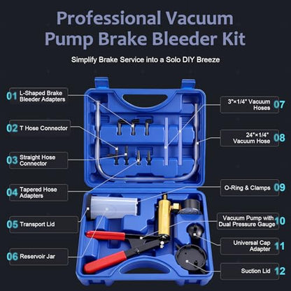 Handheld Vacuum Pump Brake Bleeder Kit with Pressure Gauge, Brake Fluid Bleeding Tool Set with Hoses, Adapters and Reservoir, Automotive Brake Bleeding & Vacuum Diagnostic Test Kit (-Blue-)