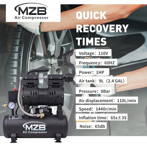 MZB 2.4 Gallon 1.0HP Ultra Quiet Air Compressor 110V/60Hz 5.65CFM, MAX 115PSI Steel Tanks Oil-Free 65 dB Noise Level Air Compressor for Spray Painting, Auto Repair, Carpentry Decoration - size: MZB-750H-9