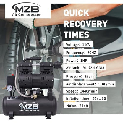 MZB 2.4 Gallon 1.0HP Ultra Quiet Air Compressor 110V/60Hz 5.65CFM, MAX 115PSI Steel Tanks Oil-Free 65 dB Noise Level Air Compressor for Spray Painting, Auto Repair, Carpentry Decoration - size: MZB-750H-9
