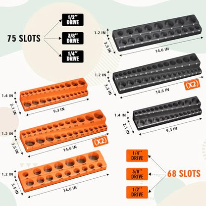 Magnetic Socket Organizer Holder Set – 8-Piece Tool Organizers Including 1/4", 3/8" and 1/2" Drive Socket Holder Metric & SAE 207 Pieces Socket Trays (Sockets are not Included)