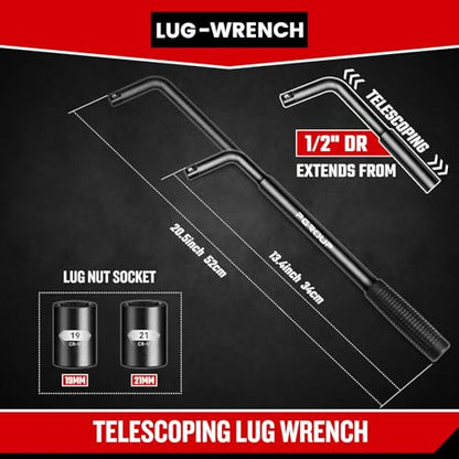 zhax Telescoping Lug Wrench, Extended Lug Wheel Wrench with 19mm(3/4") and 21mm(13/16”) CR-V Steel Sockets, Tire Repair Tools for Car, Truck & Van