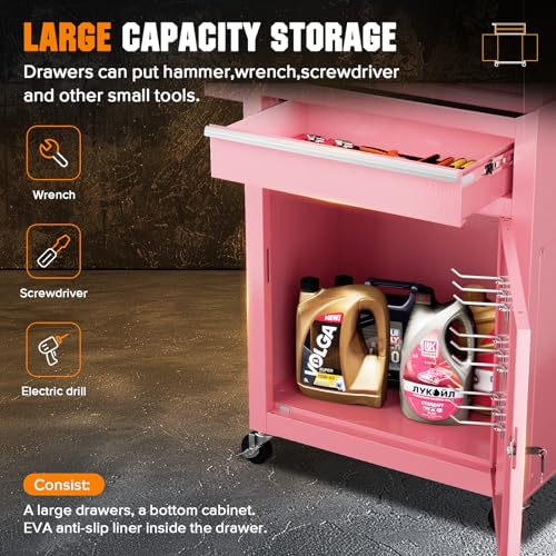 Oakcloud Heavy-Duty 5-Drawer Rolling Tool Chest & Cabinet Combo with Black Liner – Lockable Steel Garage Tool Box on Wheels – Detachable Top Toolbox & Bottom Storage Cart with Side Hooks, Pink - color: Pink, size: 5-drawer