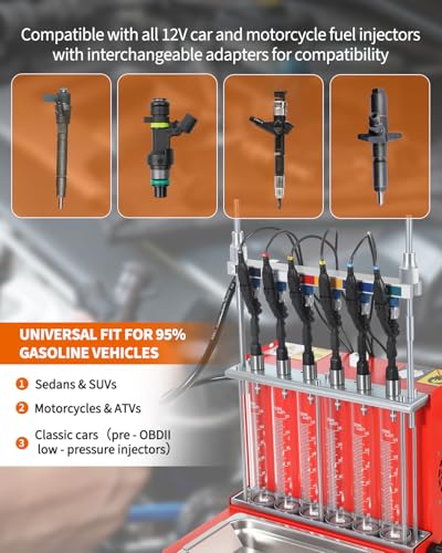 Garvee Fuel Injector Cleaner Tester 6-Cylinder 14 Test Modes 12V, Ultrasonic GDI/Piezo/Motorcycle Injectors, 0-10 bar, 0.1-25ms, Resistance, Leakage, Auto, On-Vehicle Cleaning, Digital Display - size: 6-Cylinder Model， 3-in-1