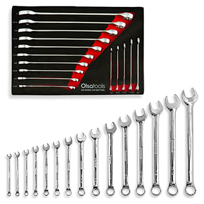 Olsa Tools 15-Piece SAE Combination Wrench Set, Chrome Vanadium Steel, Precision 12-Point Box End, Unbreakable