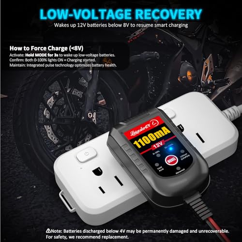 2 Pack Motorcycle Battery Charger 12V, 1.1Amp Trickle Charger and Maintainer - Smart Automatic Float Charger for Cruiser Sport Bike ATV Scooter Dirt Bike Lawn Mower, LiFePO4 Lead Acid AGM Gel - color: 12V 1.1Amp 2-Pack