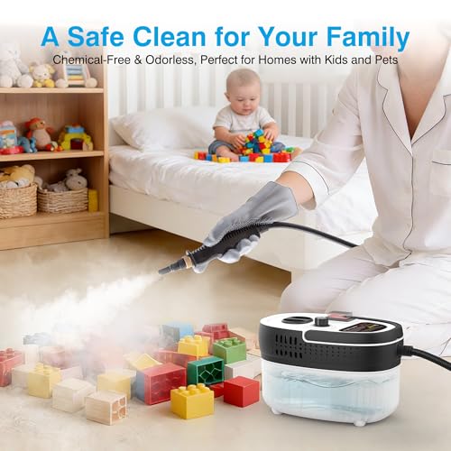 Steam Cleaner with 15-in-1 Kit, 2500W Steamer for Home & Car Detailing | 14.8ft Extended Reach, 15s Fast Heat-Up, 6-Level Adjustable, ANSI Z87.1 Safety Goggles, 45 Mins Steam, For Tile and Grout - color: White