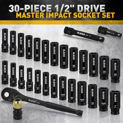 ELEAD 1/2" Drive Deep Impact Socket Set: 30-Piece Standard SAE (3/8 to 1 Inch) and Metric (10-24mm) Size, 3" and 5" Drive Extension Bar, Ratchet Handle, Bit Adapter, CR-V Steel for Auto Repair - style: 30pcs 1/2'' Drive Impact Socket Set