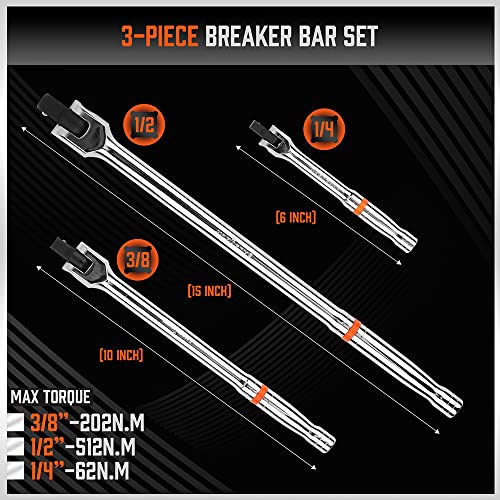 HORUSDY 3-Piece Breaker Bar Set with 180° Rotatable Head, 1/4'', 3/8'' and 1/2'' Drive, 6'', 10'', 15'' Length, Heavy Duty Breaker Bars with Chrome Vanadium Steel - style: 3-Piece 180° Rotatable Head