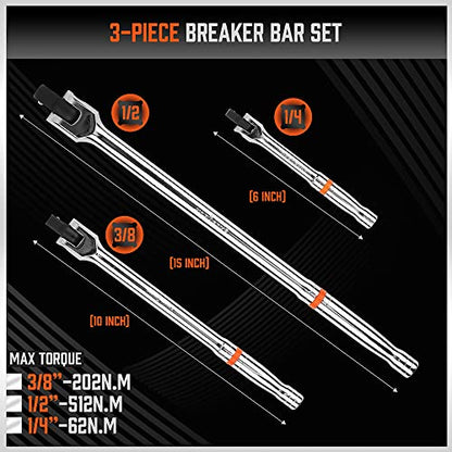 HORUSDY 3-Piece Breaker Bar Set with 180° Rotatable Head, 1/4'', 3/8'' and 1/2'' Drive, 6'', 10'', 15'' Length, Heavy Duty Breaker Bars with Chrome Vanadium Steel - style: 3-Piece 180° Rotatable Head
