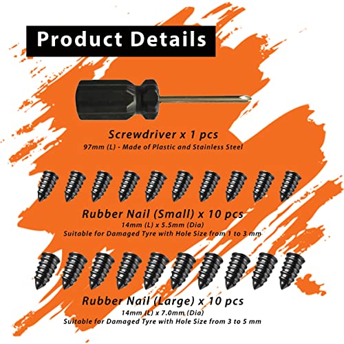 GradCap Tire Repair Rubber Screws with Storage Box for Car 20 Pcs (10S/10L) | Roadside Emergency Flat Tire Plug Kit 10 Short & 10 Long Tire Nails Puncture Repair Accessories for Motorcycle & Bicycle